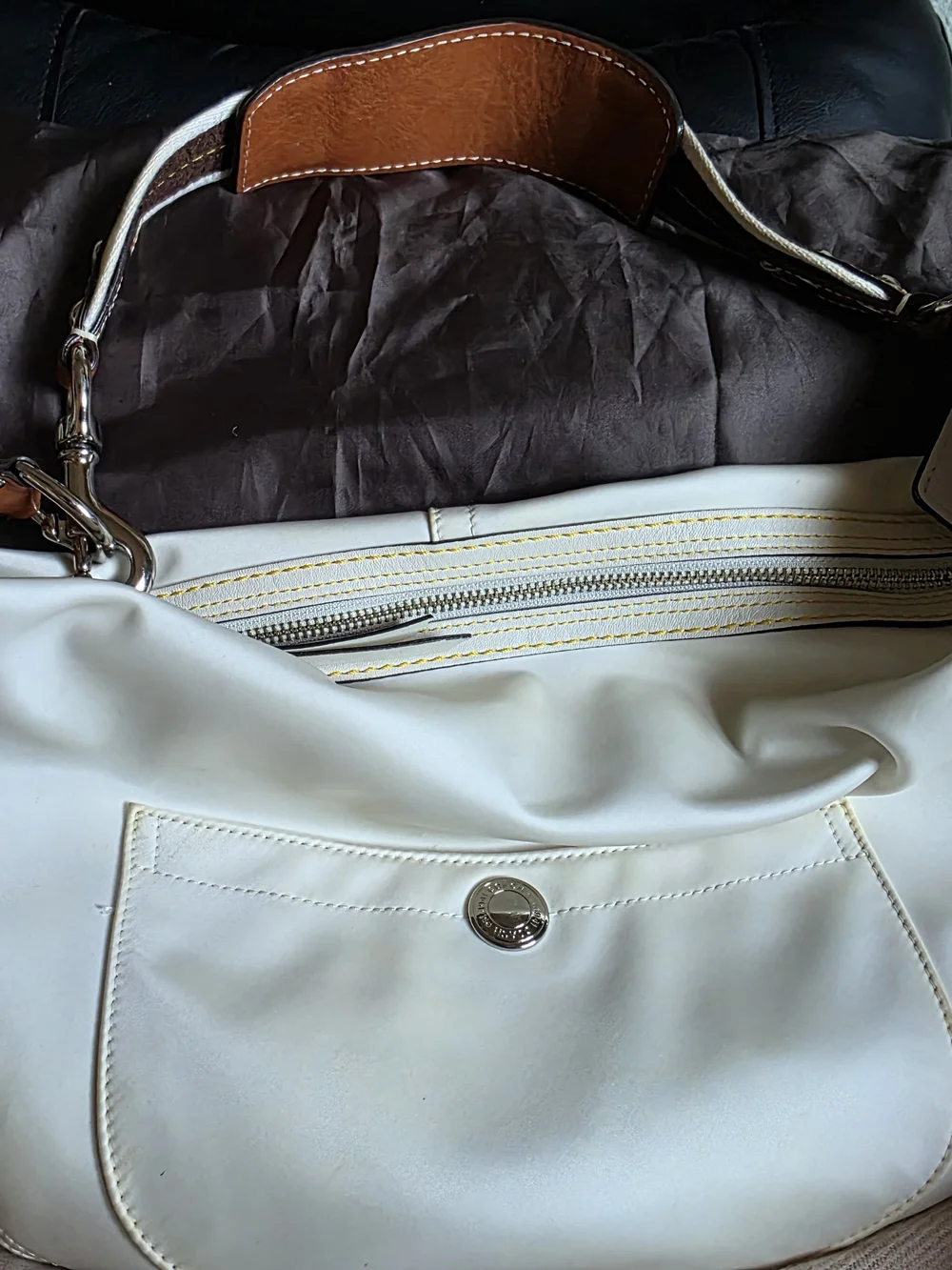 Coach Hampton Weekend White Satin Hobo with Yellow and Brown Strap Accents